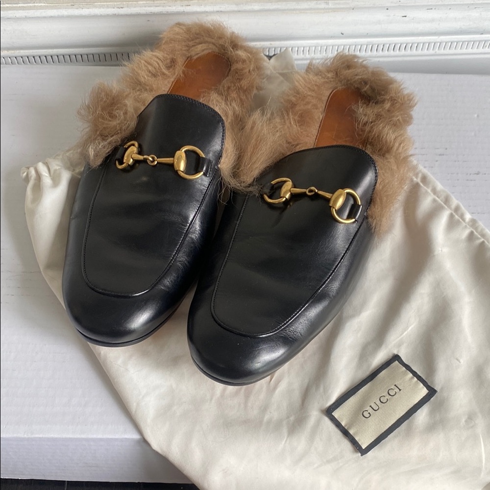 Gucci Black and Brown Fur-Trimmed Loafers